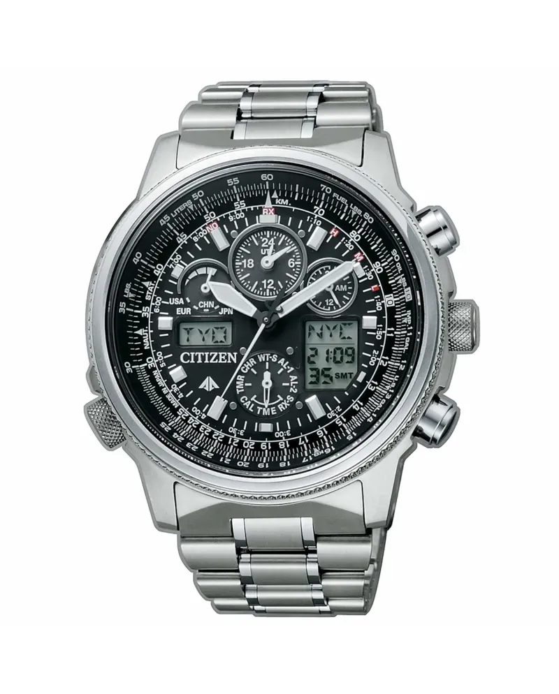 Cronografo Citizen Pilot Radiocontrollato Eco Drive Quadrante Nero in Super Titanio