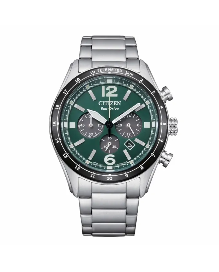 Citizen Aviator OF Eco Drive Chronograph in Steel with Green Dial
