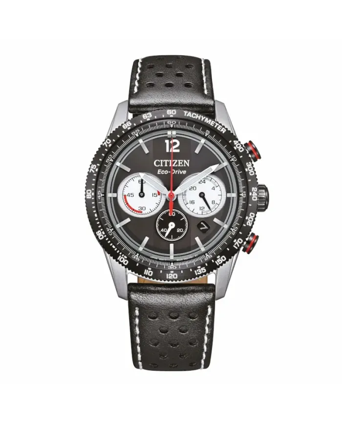 Chronographe Citizen Racing OF Eco-Drive, cadran noir, bracelet en cuir