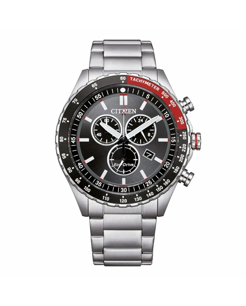 Chronographe Citizen Marine OF Eco-Drive, cadran noir et bracelet en acier