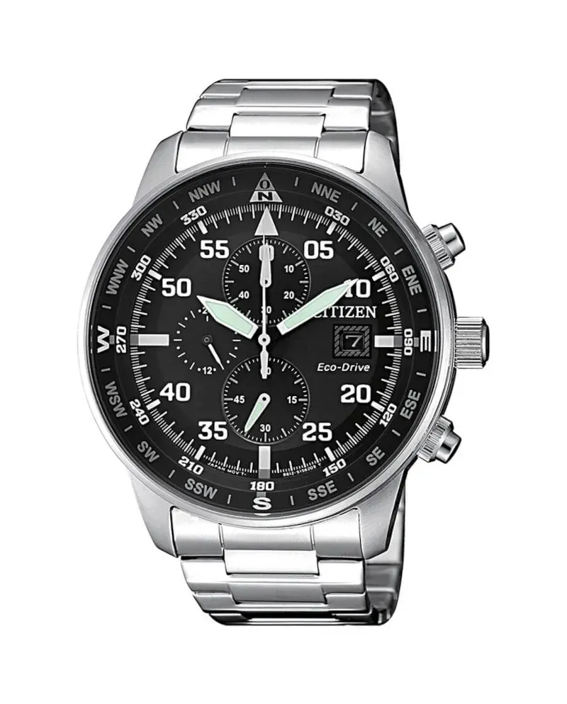 Chronographe Citizen Aviator OF Eco-Drive en acier avec cadran noir