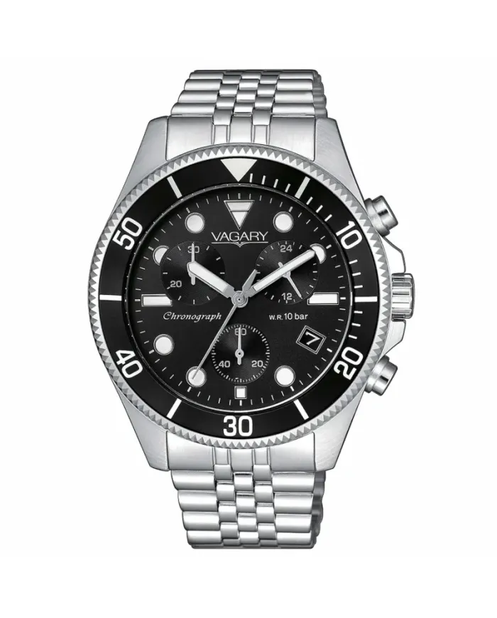 Vagary Aqua39 Chronograph in Steel Black Dial Steel Strap