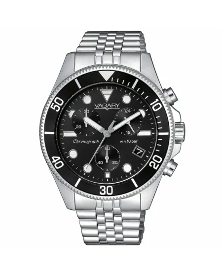 Chronographe Vagary Aqua39 en acier, cadran noir, bracelet en acier