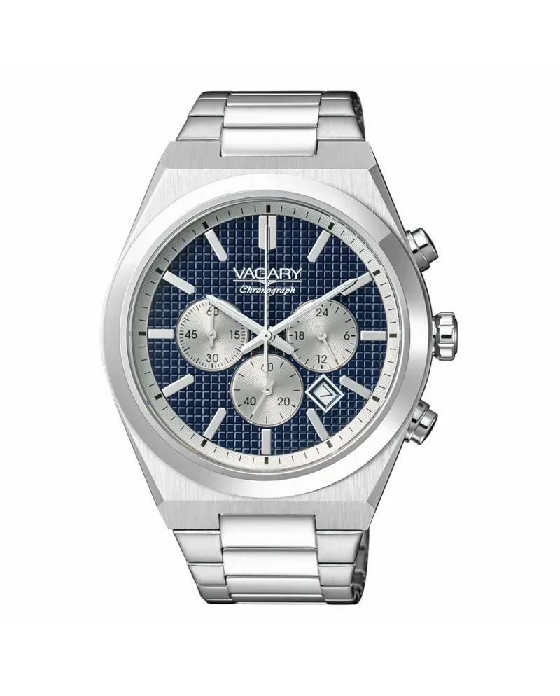 Chronographe Vagary Timeless en acier avec cadran bleu et bracelet en acier