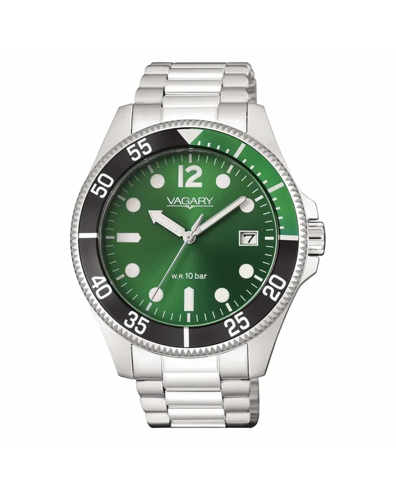 Vagary Aqua39 37mm Steel Watch with Green Dial and Steel Strap