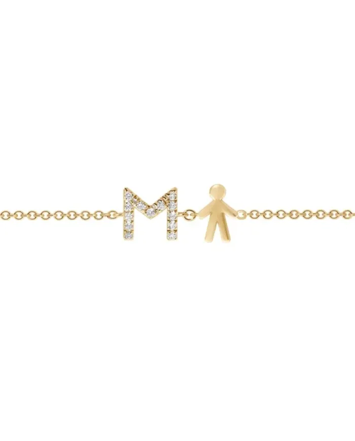Roberta Scrabble Flower Bracelet in Yellow Gold and Diamonds with Letter "M" and Baby