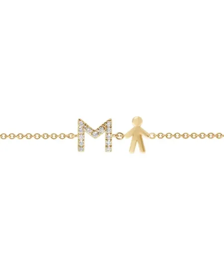 Roberta Scrabble Flower Bracelet in Yellow Gold and Diamonds with Letter "M" and Baby