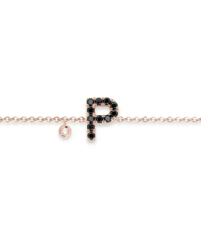 Bracelet Roberta Scrabble Fleur en or rose et diamants noirs avec la lettre « P »