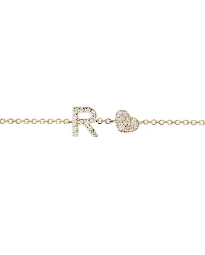 Bracelet Roberta Scrabble Fleur en or jaune et diamants, orné de la lettre «&nbsp;R&nbsp;» et d'un cœur