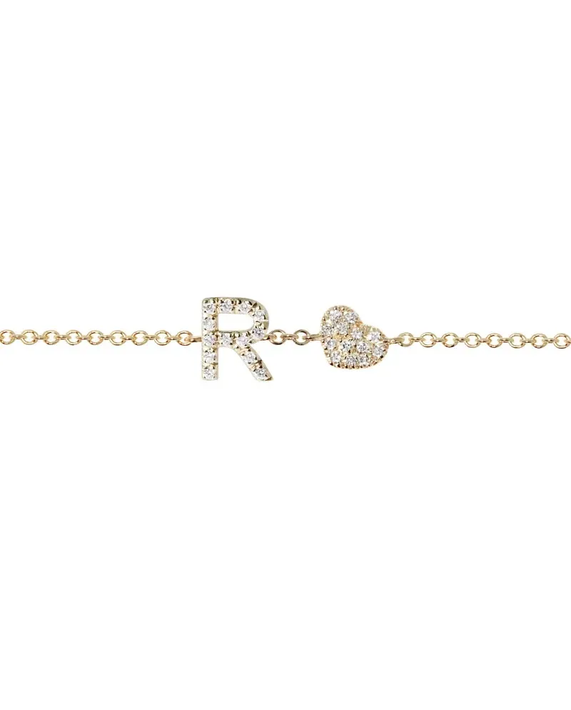 Bracelet Roberta Scrabble Fleur en or jaune et diamants, orné de la lettre «&nbsp;R&nbsp;» et d'un cœur