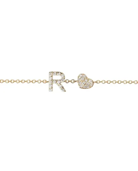 Roberta Scrabble Flower Bracelet in Yellow Gold and Diamonds with Letter "R" and Heart