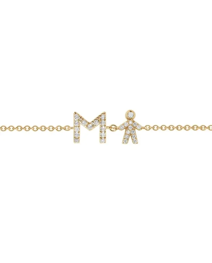 Roberta Scrabble Flower Bracelet in Yellow Gold and Diamonds with Letter "M" and Baby