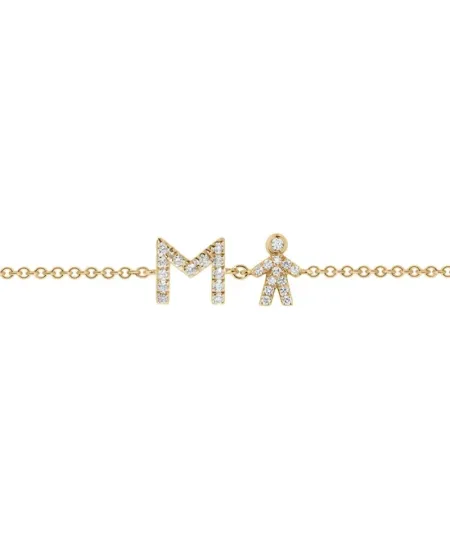 Roberta Scrabble Flower Bracelet in Yellow Gold and Diamonds with Letter "M" and Baby