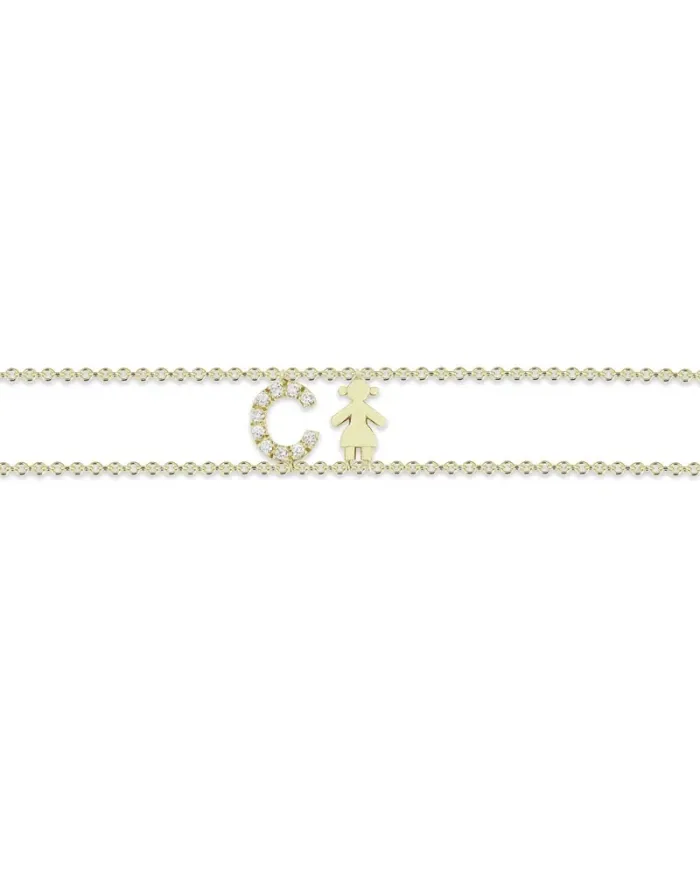 Bracciale Fiore Roberta Scrabble in Oro Giallo e Diamanti con Lettera "C" e Bimba