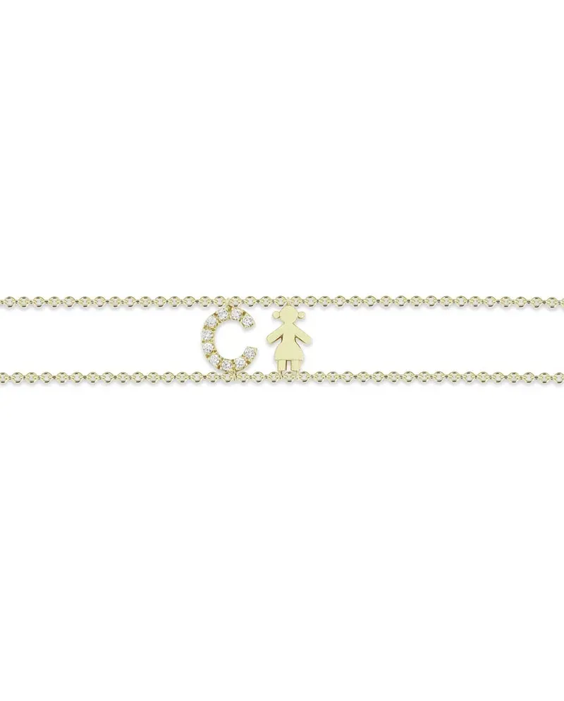 Bracelet Roberta Scrabble Fleur en or jaune et diamants avec la lettre «&nbsp;C&nbsp;» et une petite fille