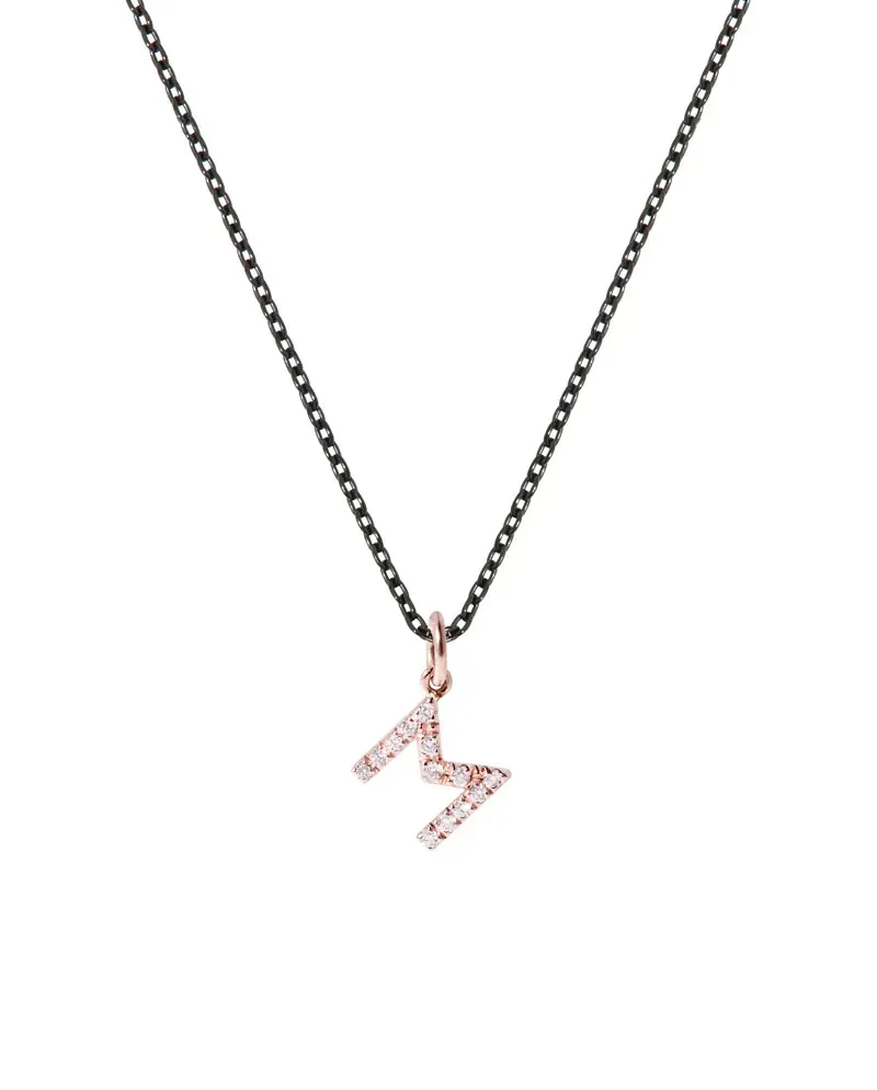 Roberta Scrabble Flower Necklace in Rose Gold, Silver, and Diamonds with the Letter "M"