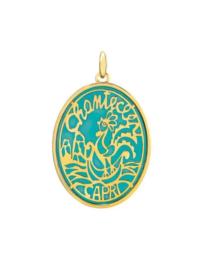 Pendentif logo Chantecler en or jaune serti de diamants et orné d'émail cathédrale