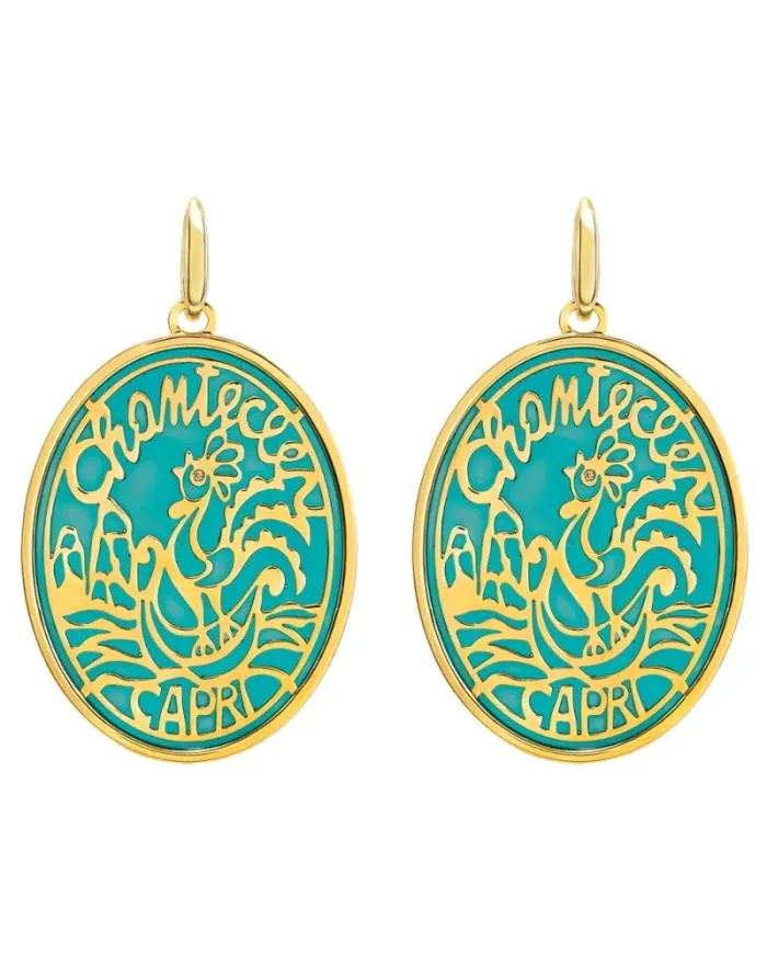 Orecchini Chantecler Logo in Oro Giallo con Diamanti e Smalto Cattedrale