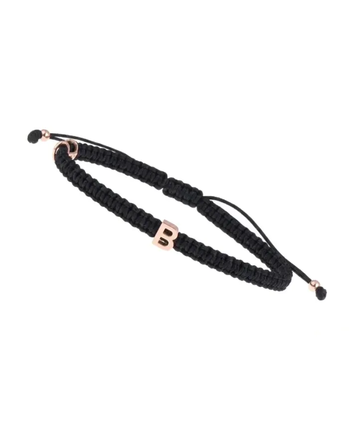 Bracciale Concordia Jewellery ABC con Cordino Nero e Lettera "B" in Oro Rosa