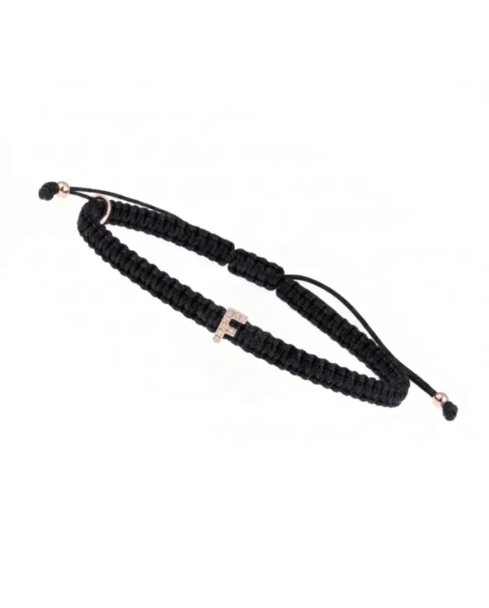Bracelet ABC Concordia Jewellery avec cordon noir et lettre « F » en or rose et diamants