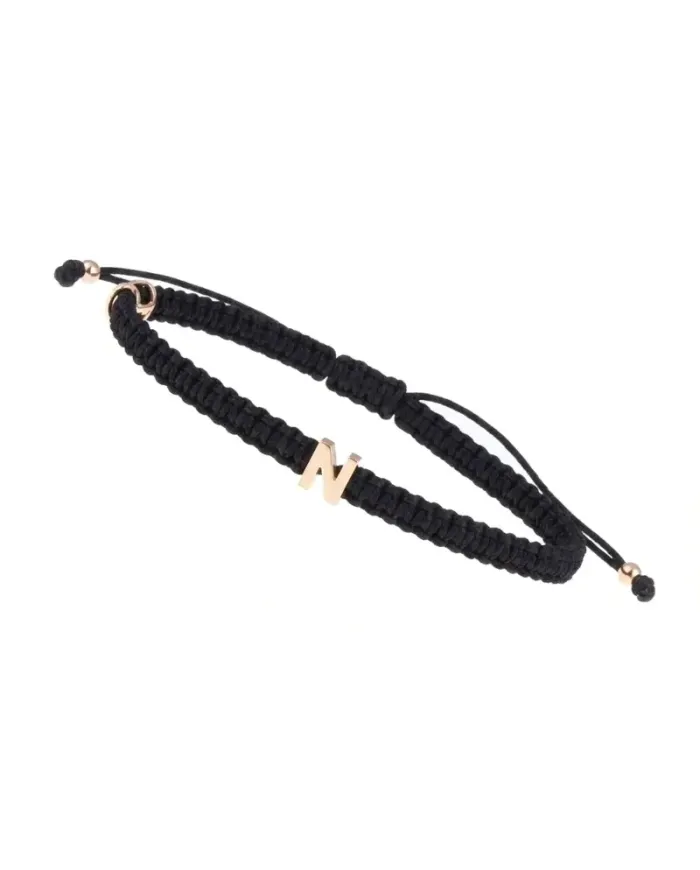 Bracciale Concordia Jewellery ABC con Cordino Nero e Lettera "N" in Oro Giallo