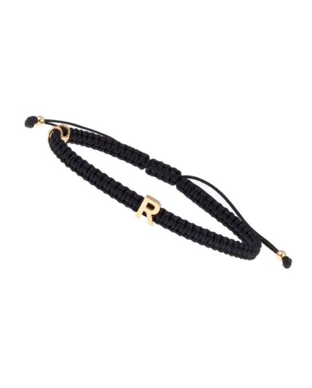 Bracciale Concordia Jewellery ABC con Cordino Nero e Lettera "R" in Oro Giallo