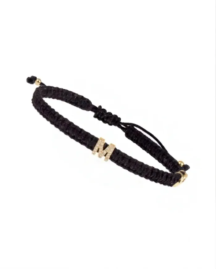 Bracelet ABC Concordia Jewellery avec cordon noir et lettre « M » en or jaune et diamants