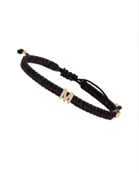 Bracciale Concordia Jewellery ABC con Cordino Nero e Lettera "M" in Oro Giallo e Diamanti
