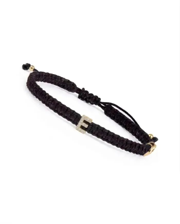 Bracciale Concordia Jewellery ABC con Cordino Nero e Lettera "E" in Oro Giallo e Diamanti