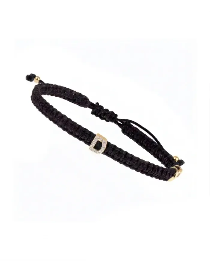Concordia Jewellery ABC Bracelet with Black Cord and Letter "D" in Yellow Gold and Diamonds
