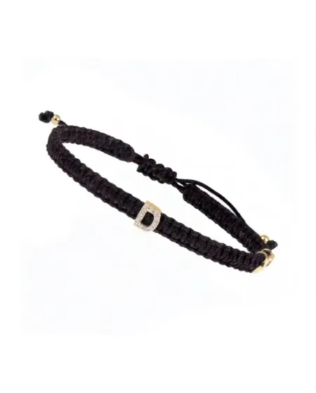 Concordia Jewellery ABC Bracelet with Black Cord and Letter "D" in Yellow Gold and Diamonds