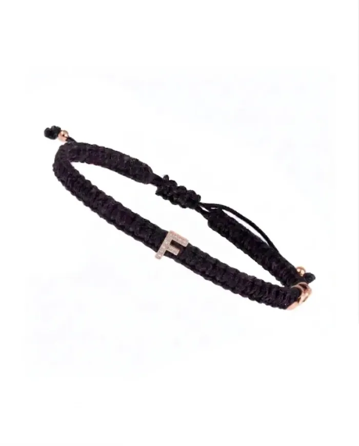 Concordia Jewellery ABC Bracelet with Black Cord and Letter "F" in Rose Gold and Diamonds
