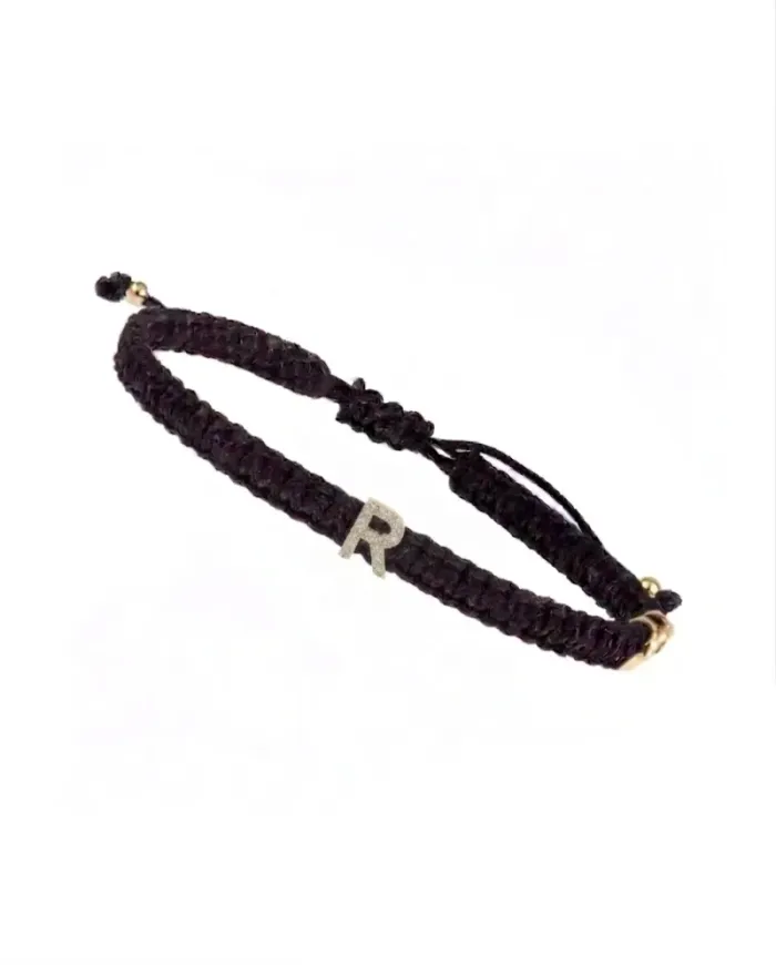 Bracciale Concordia Jewellery ABC con Cordino Nero e Lettera "R" in Oro Giallo e Diamanti