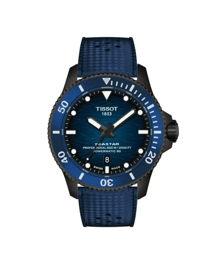 Montre Tissot Seastar 2000 44 mm en PVD noir avec cadran bleu dégradé et bracelet en caoutchouc