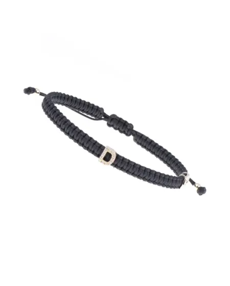 Bracciale Concordia Jewellery ABC con Cordino Nero e Lettera "D" in Oro Giallo e Diamanti