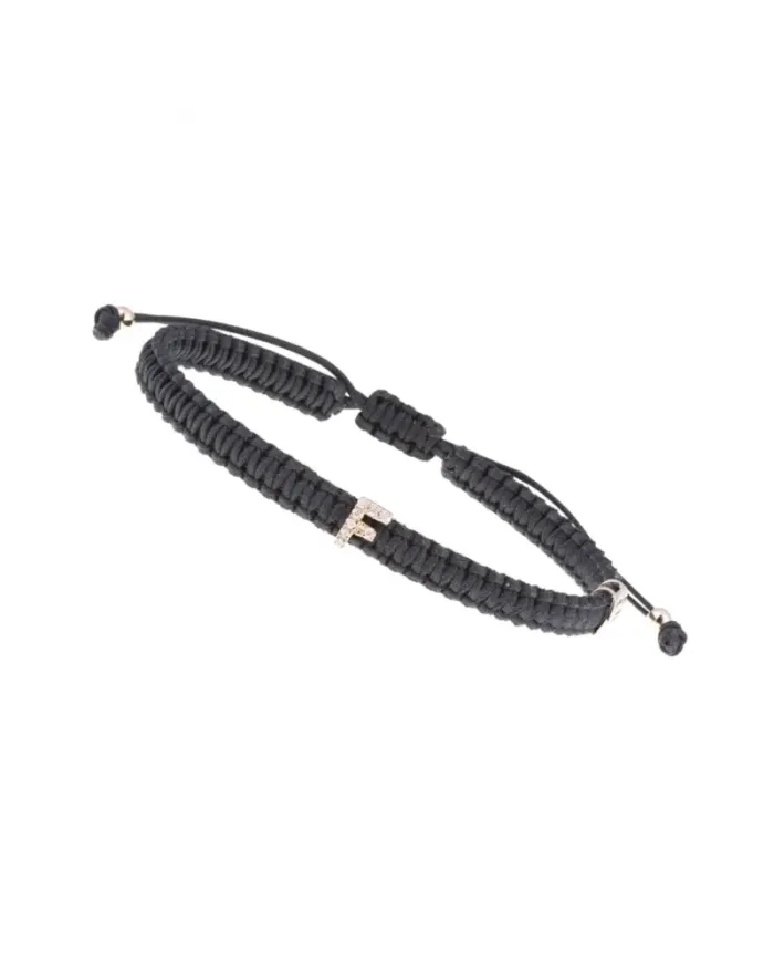 Bracciale Concordia Jewellery ABC con Cordino Nero e Lettera "F" in Oro Rosa e Diamanti