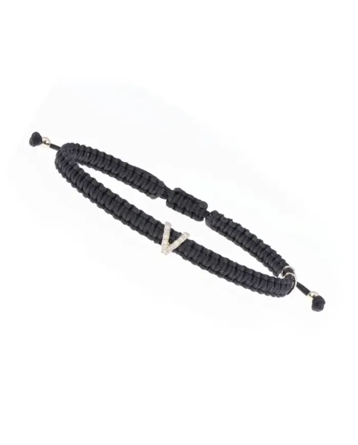 Bracciale Concordia Jewellery ABC con Cordino Nero e Lettera "V" in Oro Giallo e Diamanti