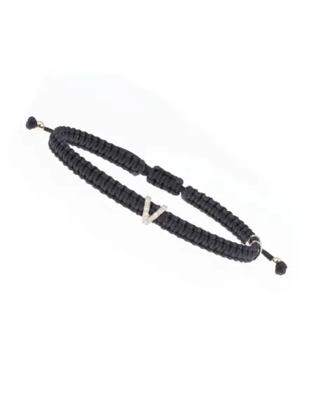 Bracciale Concordia Jewellery ABC con Cordino Nero e Lettera "V" in Oro Giallo e Diamanti