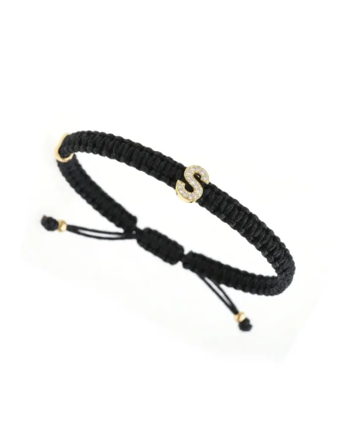 Concordia Jewellery ABC Bracelet with Black Cord and Letter "S" in Yellow Gold and Diamonds
