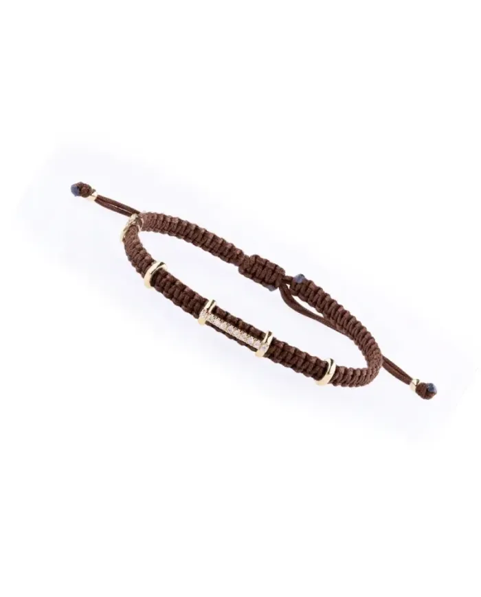Bracciale Concordia Jewellery Heritage Cordino Marrone e Elementi in Oro Giallo con Diamanti