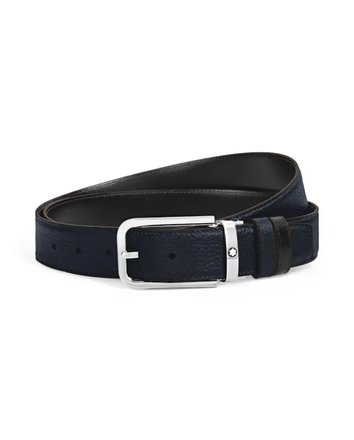 Ceinture Montblanc en cuir grainé bleu et lisse noir avec boucle rectangulaire 35 mm