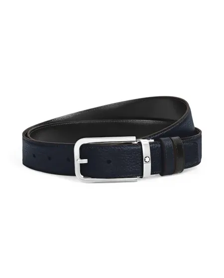 Cintura Montblanc in Pelle Blu Granulata e Nera Liscia con Fibbia Rettangolare 35 mm