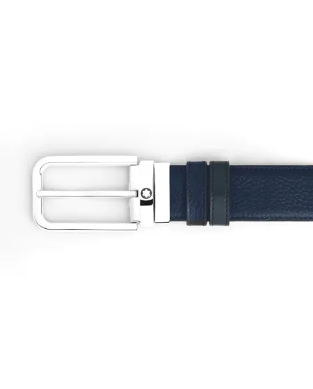 Montblanc Belt in Blue Grained and Black Smooth Leather with Rectangular Buckle 35 mm