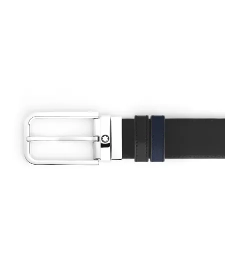 Cintura Montblanc in Pelle Blu Granulata e Nera Liscia con Fibbia Rettangolare 35 mm