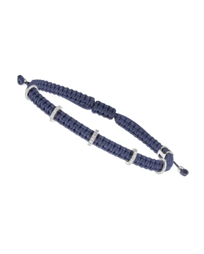 Bracciale Concordia Jewellery Jump con Cordino Blu Navy e 5 Elementi Ovali in Oro Bianco con Diamanti