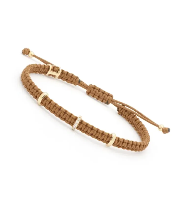 Bracelet de jonction Concordia Jewellery avec cordon noisette et 3 éléments ovales en or jaune et diamants