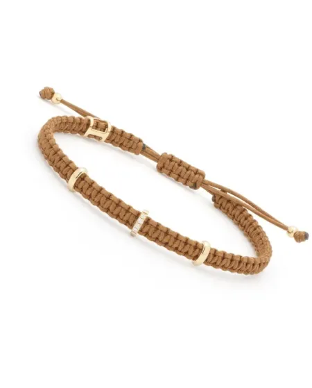 Bracelet de jonction Concordia Jewellery avec cordon noisette et 3 éléments ovales en or jaune et diamants