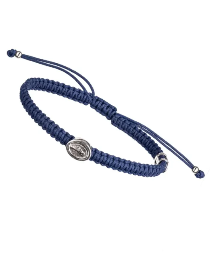 Bracciale Concordia Jewellery Indole con Cordino Blu Navy e Madonnina in Oro Bianco