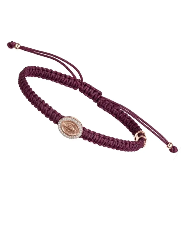 Bracelet Indole de Concordia Jewellery avec cordon bordeaux et Madone en or rose et diamants