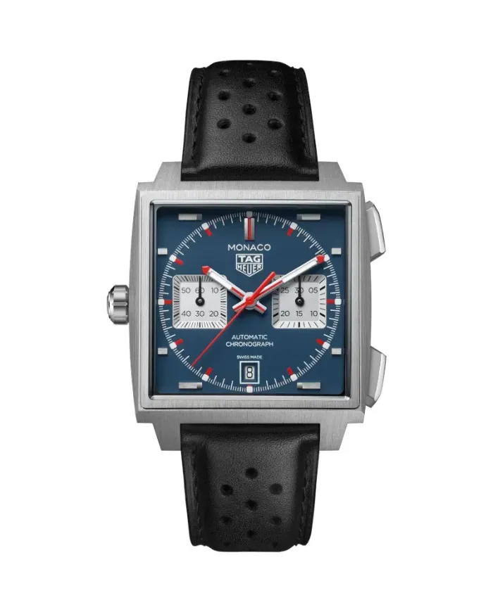 Tag Heuer Monaco Chronographe Automatique en Titane avec Cadran Bleu et Bracelet en Cuir